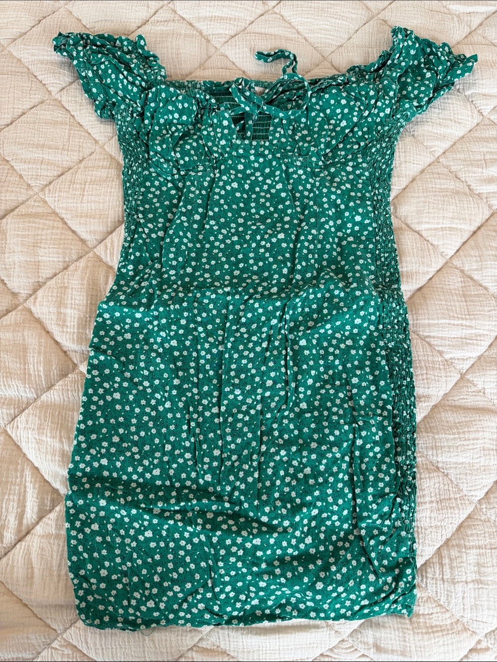 Green Floral Off-Shoulder Mini Dress with Tie Front